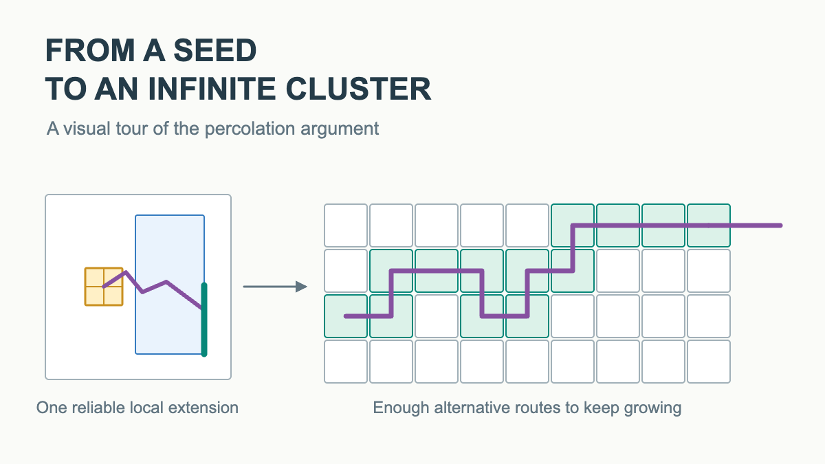 A visual proof route from a small seed through neighboring boxes to an infinite connected cluster